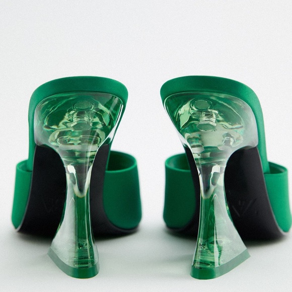 Zara NWT Green Satin Strap Clear Assymetrical Vinyl Green Heels Size 6.5 / 37 - Picture 8 of 14